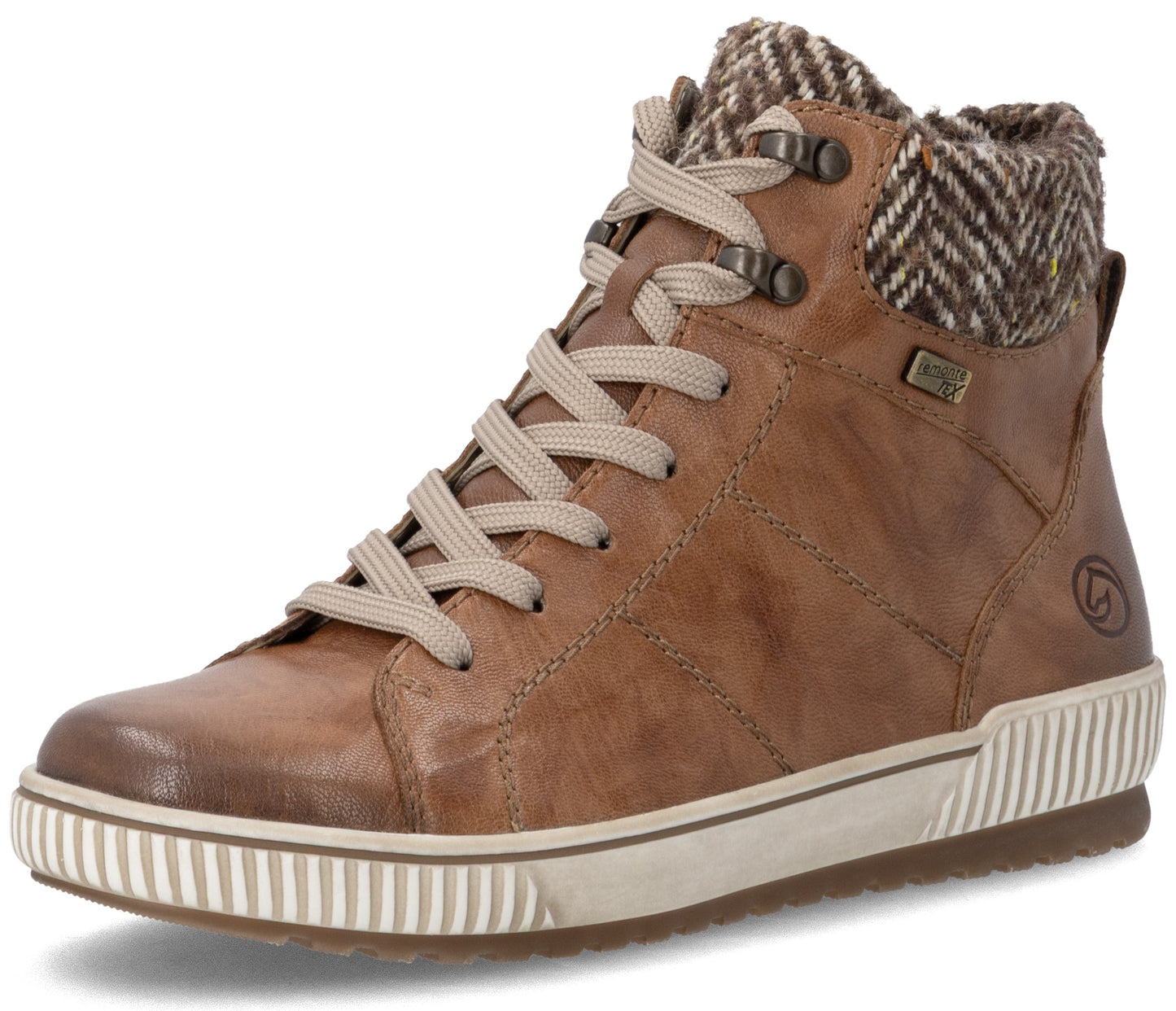 A brown leather high-top sneaker with a herringbone-patterned wool collar, beige laces, silver metal lace hooks, and a thick, ridged white rubber sole.