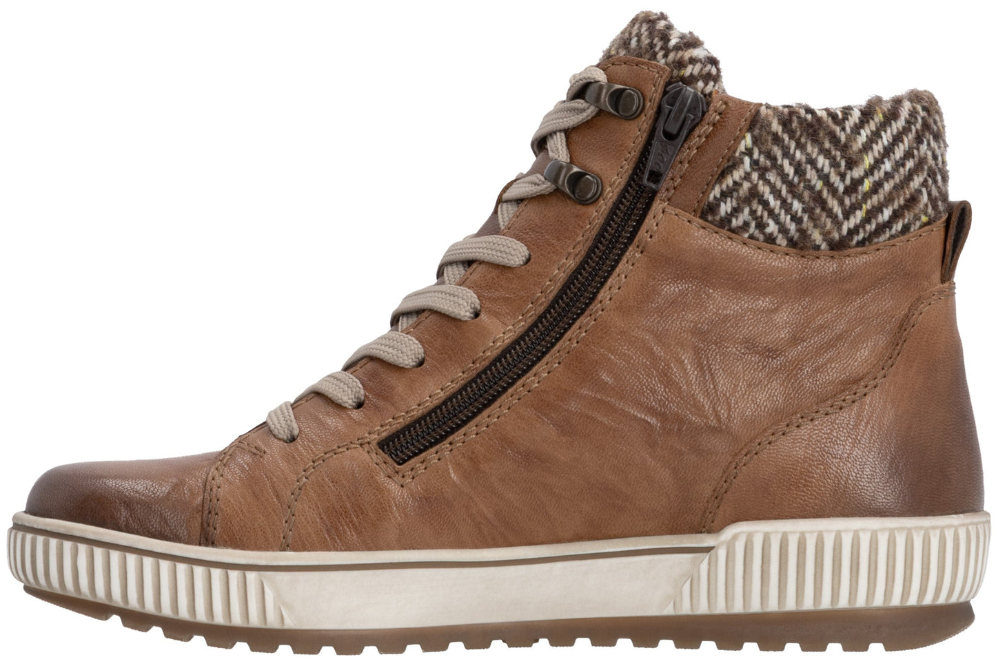 A brown leather high-top sneaker with light-colored laces, a side zipper closure, a textured brown-and-white herringbone fabric collar, and a thick, ribbed white rubber sole.