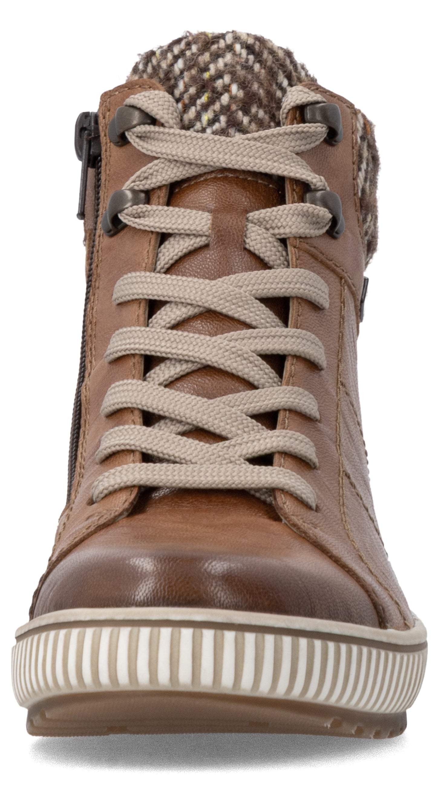 A brown leather ankle boot viewed from the front, featuring a white ribbed rubber sole, light-colored laces, dark metal eyelets, and a tweed-patterned knit collar.