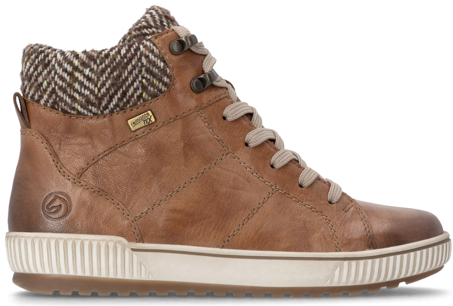 A brown leather high-top sneaker with a herringbone-patterned wool-like collar, cream-colored laces, and a thick, textured white rubber sole with a small embossed logo on the side heel and a gold-toned label detail.