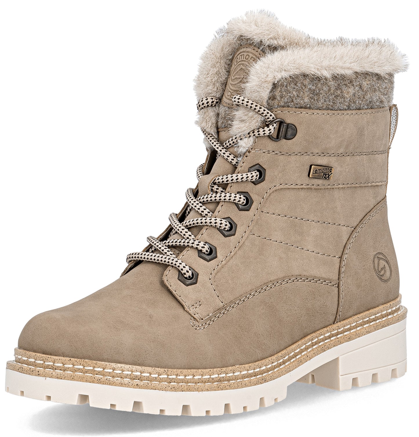 A light beige, lace-up winter boot with a faux-fur trimmed collar, gray wool-like top section, matching laces with metallic eyelets, and a thick, textured white lug sole.