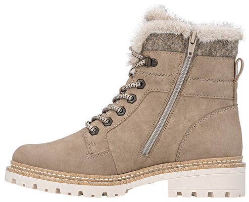 A tan faux-suede ankle boot with a side zipper, white lug sole, lace-up front, and a grey faux-fur collar.