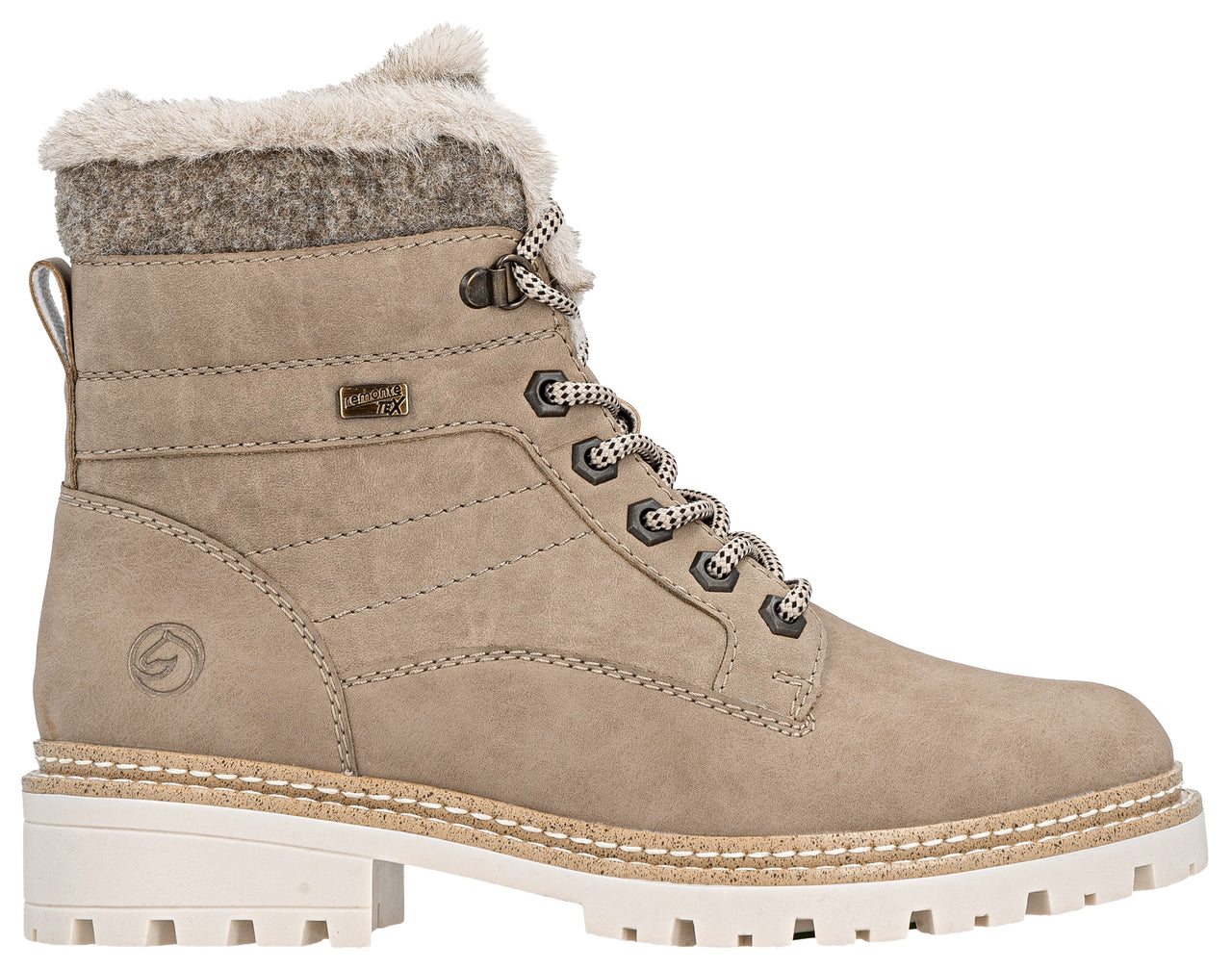 A beige synthetic leather ankle boot featuring a faux-fur lined collar, a side logo detail, lace-up closure with speckled laces, and a thick, white lug sole.