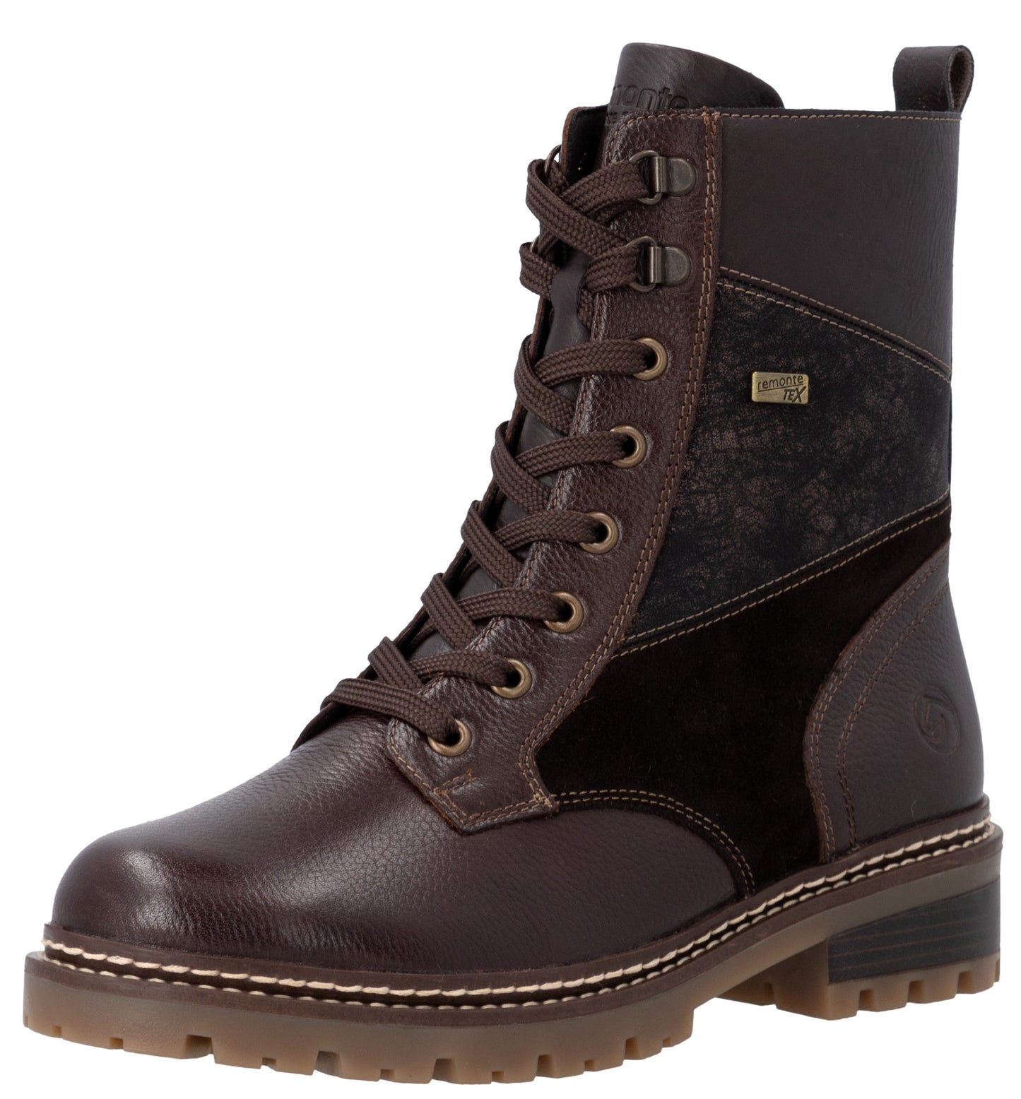 A brown lace-up ankle boot featuring a mix of smooth and textured leather, a dark panel on the side with a small logo tag, and a thick, lugged brown rubber sole.