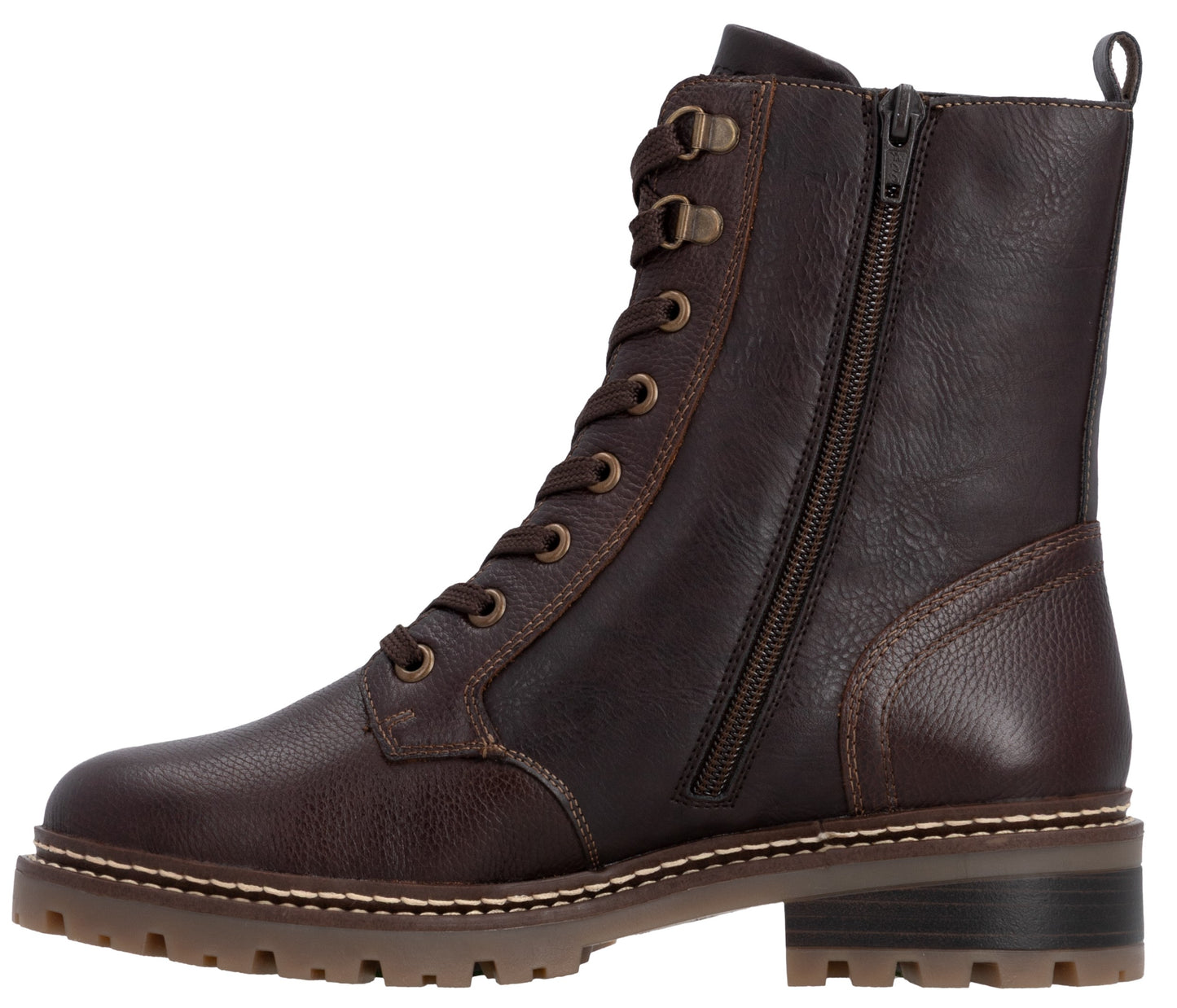 A brown leather combat-style ankle boot with laces and a side zipper, featuring a lugged rubber sole and stitching detail along the welt.