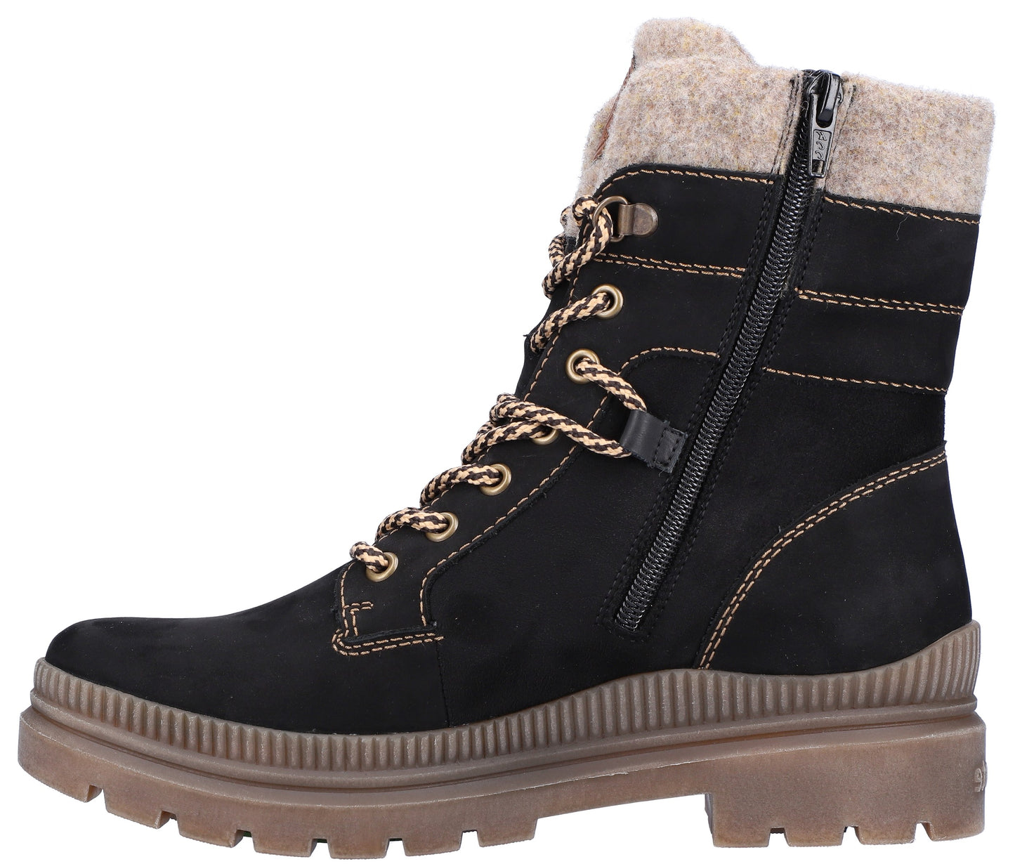 Black lace-up boot with beige felt collar, side zipper, and ridged sole.