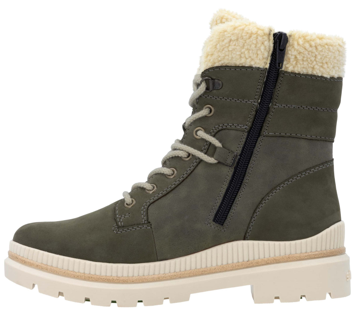 Olive green, lace-up boot with cream-colored trim and a side zipper.