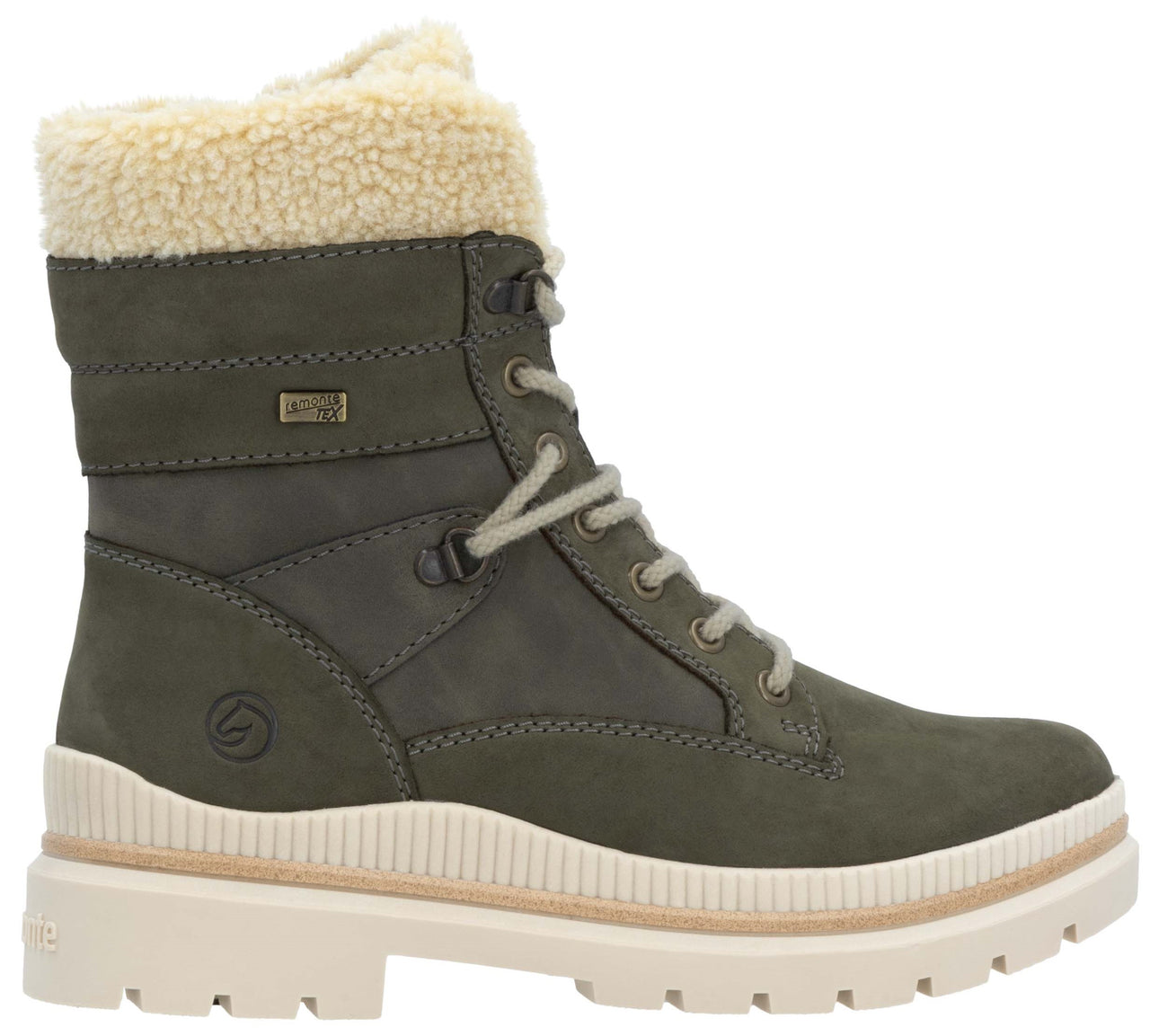 Olive green, lace-up boot with a thick, white sole and faux fur lining at the top.