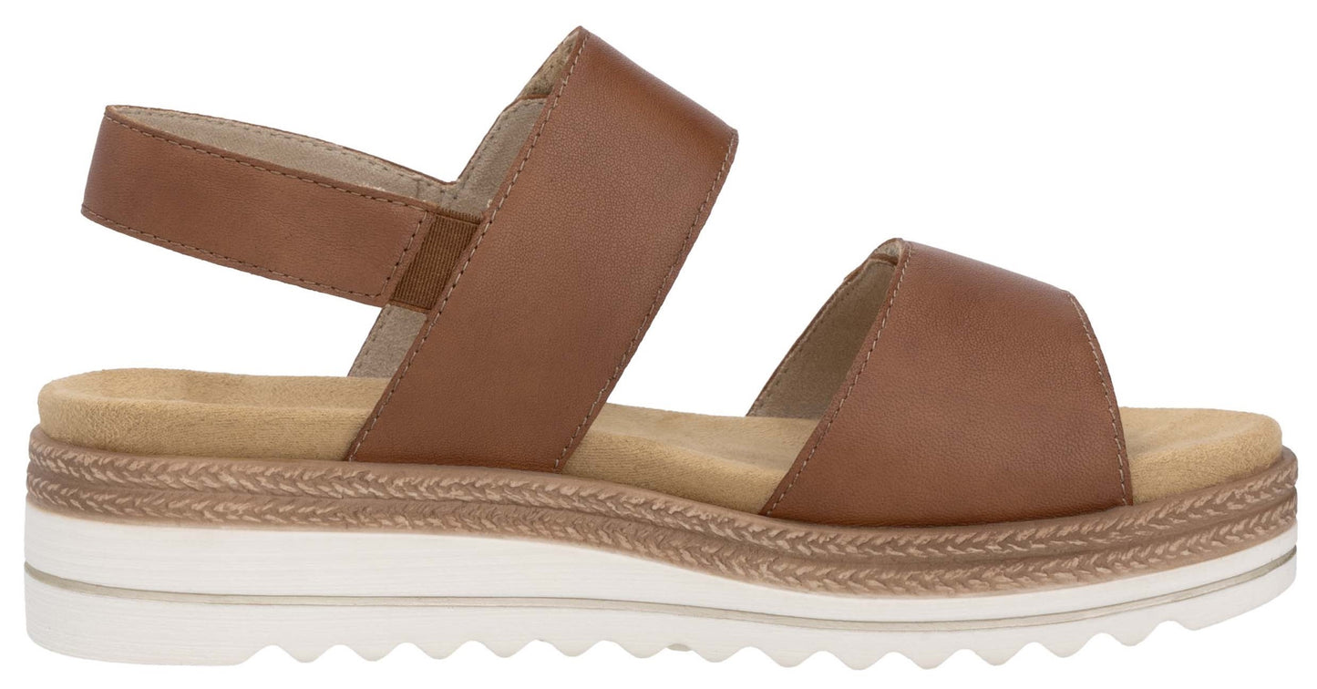 Tan sandal with two straps, a jute-wrapped midsole, and a white rubber outsole.