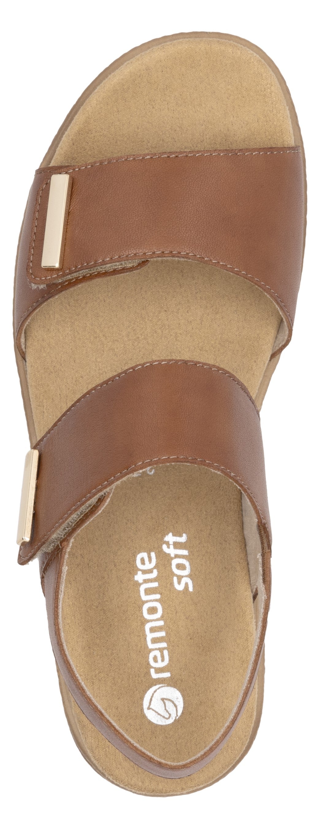 A brown sandal with two straps and gold hardware. The insole has the text "remonte soft" printed on it.
