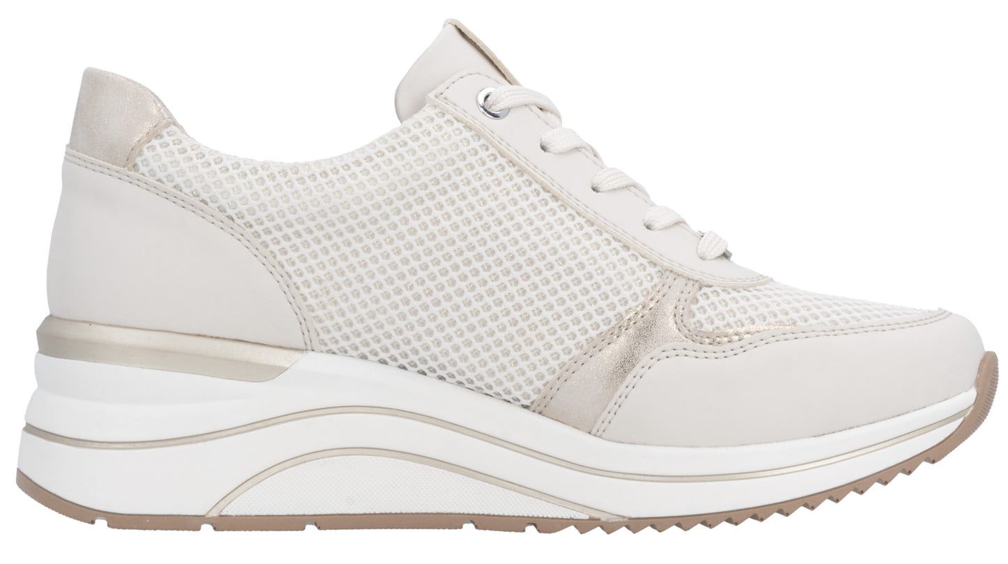 White sneaker with mesh upper and thick white sole.