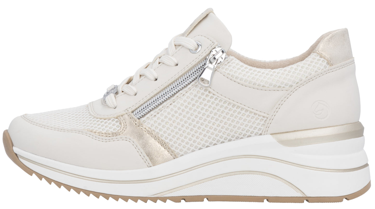 Beige sneaker with side zipper, laces, and platform sole.