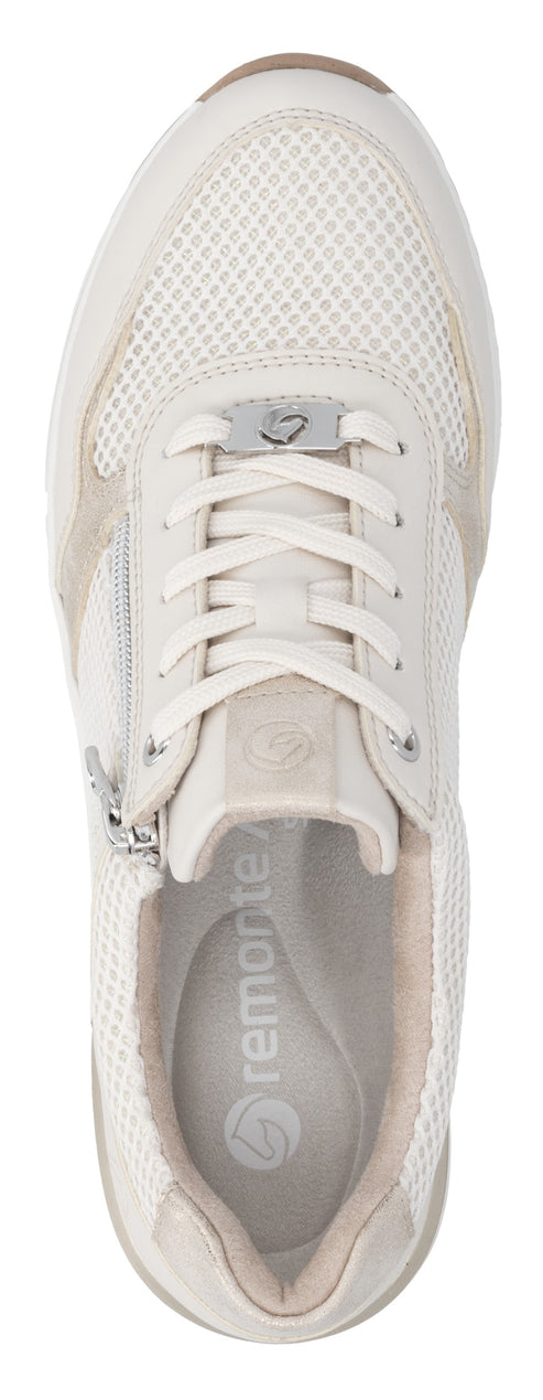 A sneaker with laces and a side zipper.