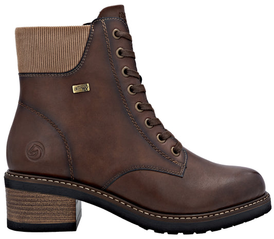 Brown lace-up ankle boot with a block heel and rib-knit cuff.