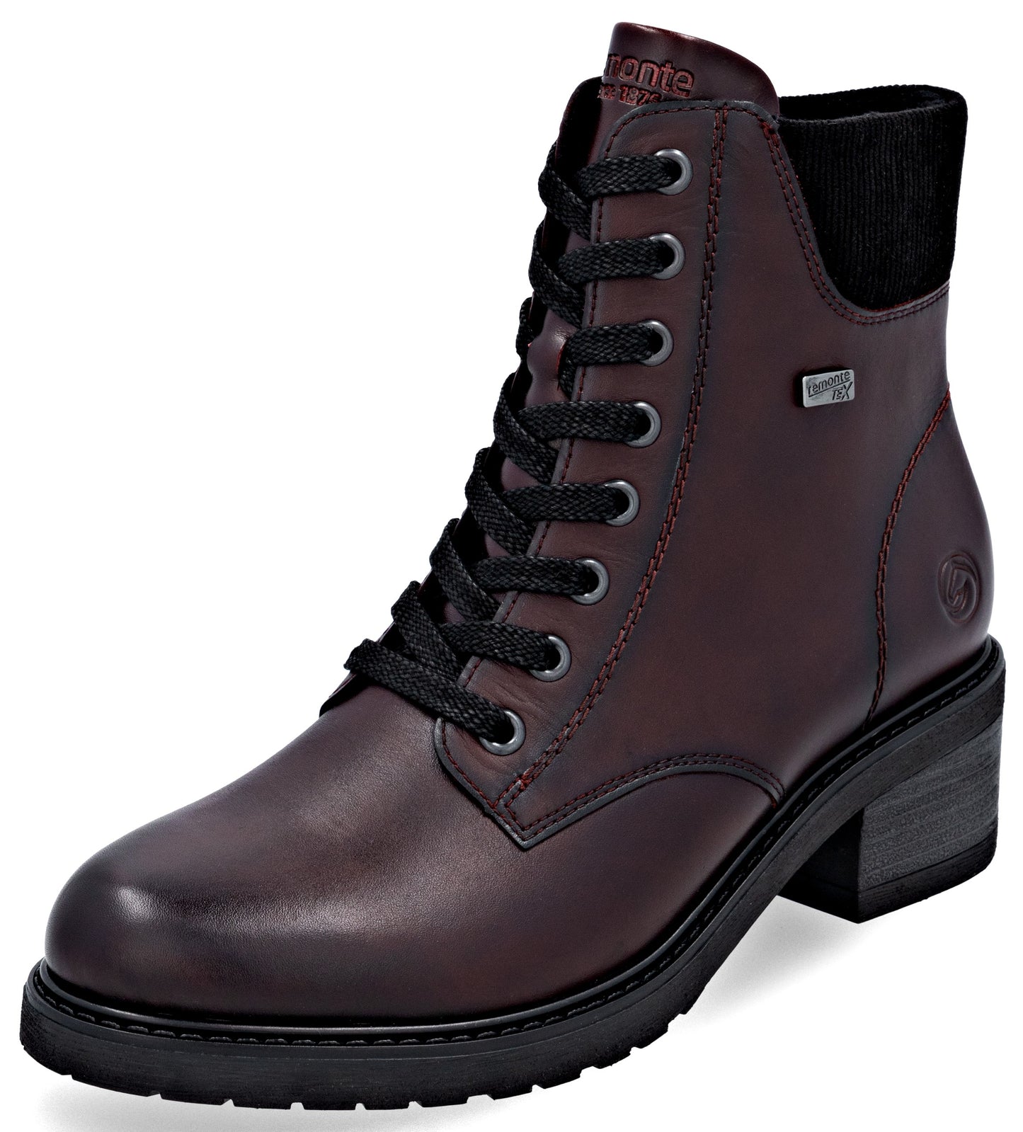 A maroon lace-up women's ankle boot with a black block heel, a black lug sole, black laces, and a black knit collar at the top of the ankle.