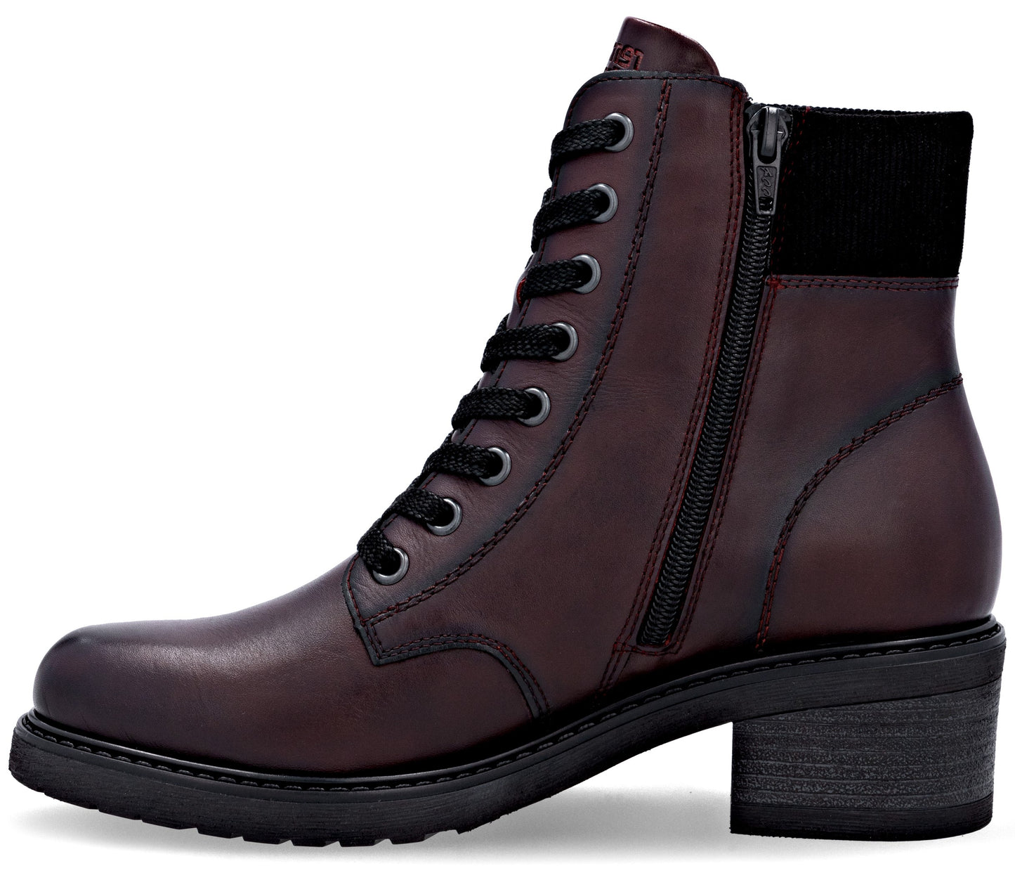 A maroon, leather ankle boot with a lace-up front, a side zipper closure, a black textile cuff at the top, and a sturdy, low-stacked heel with a lugged sole.
