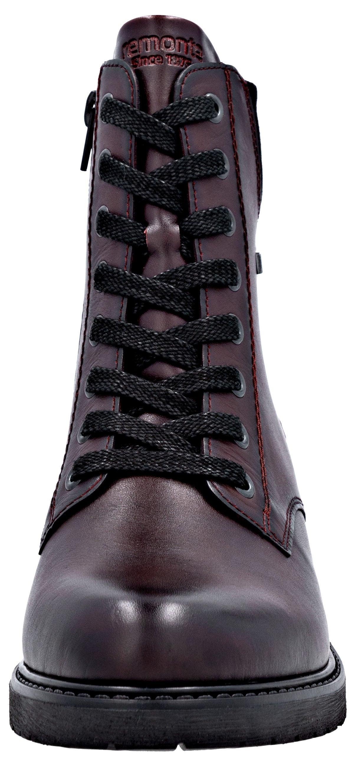 A dark burgundy, smooth leather lace-up boot with black laces and a side zipper, shown from a front-facing perspective.