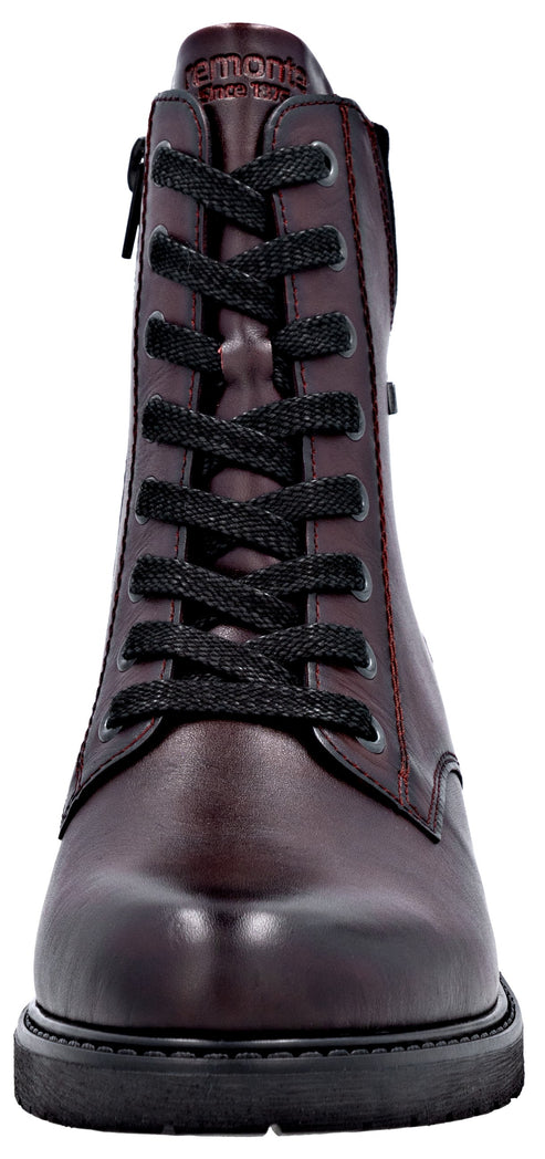 A dark burgundy, smooth leather lace-up boot with black laces and a side zipper, shown from a front-facing perspective.