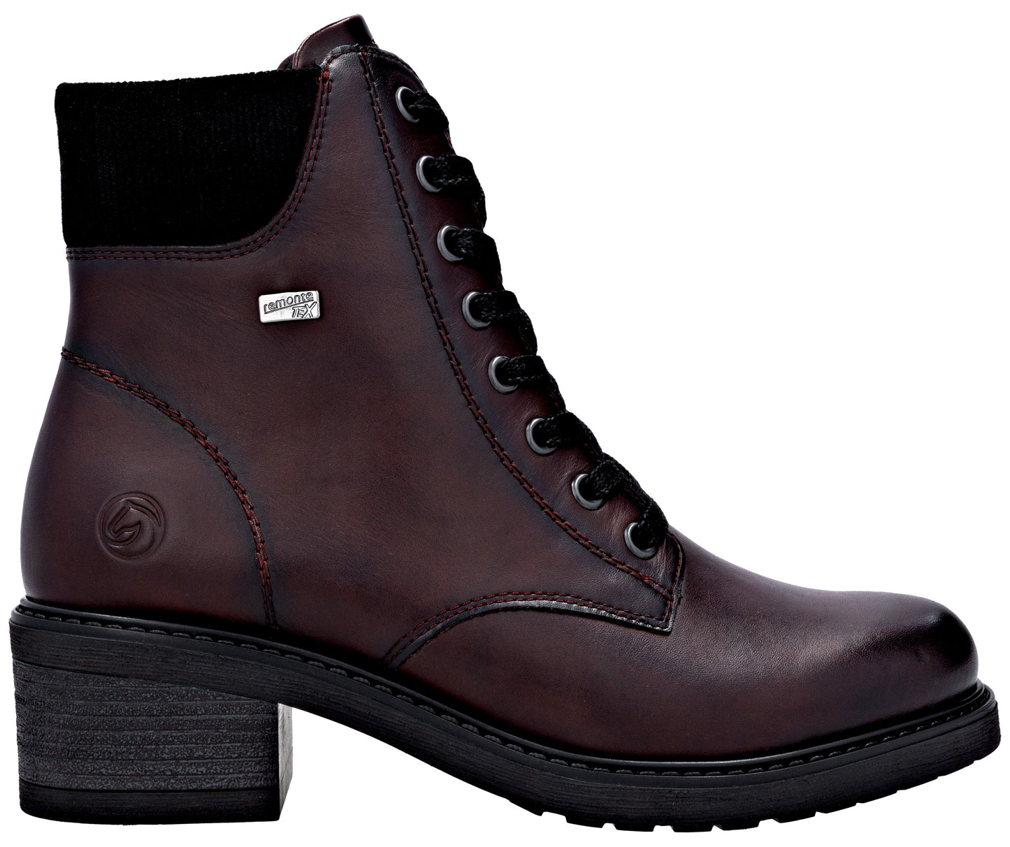 A dark burgundy, lace-up leather ankle boot with a block heel, black laces, black collar, and a side tag reading 'Gioseppo'.