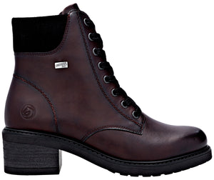A dark burgundy, lace-up leather ankle boot with a block heel, black laces, black collar, and a side tag reading 'Gioseppo'.