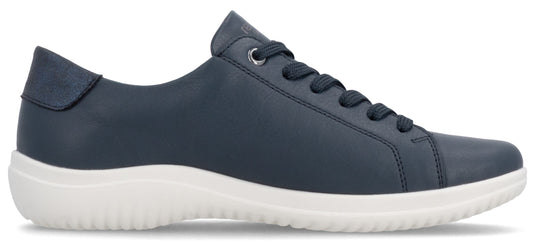A navy blue leather sneaker with white sole and dark laces.