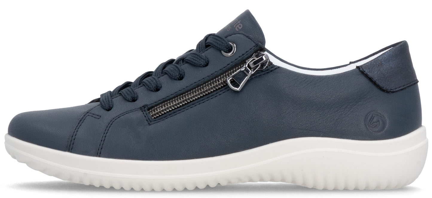 A navy blue sneaker featuring laces and a zipper on a white sole.