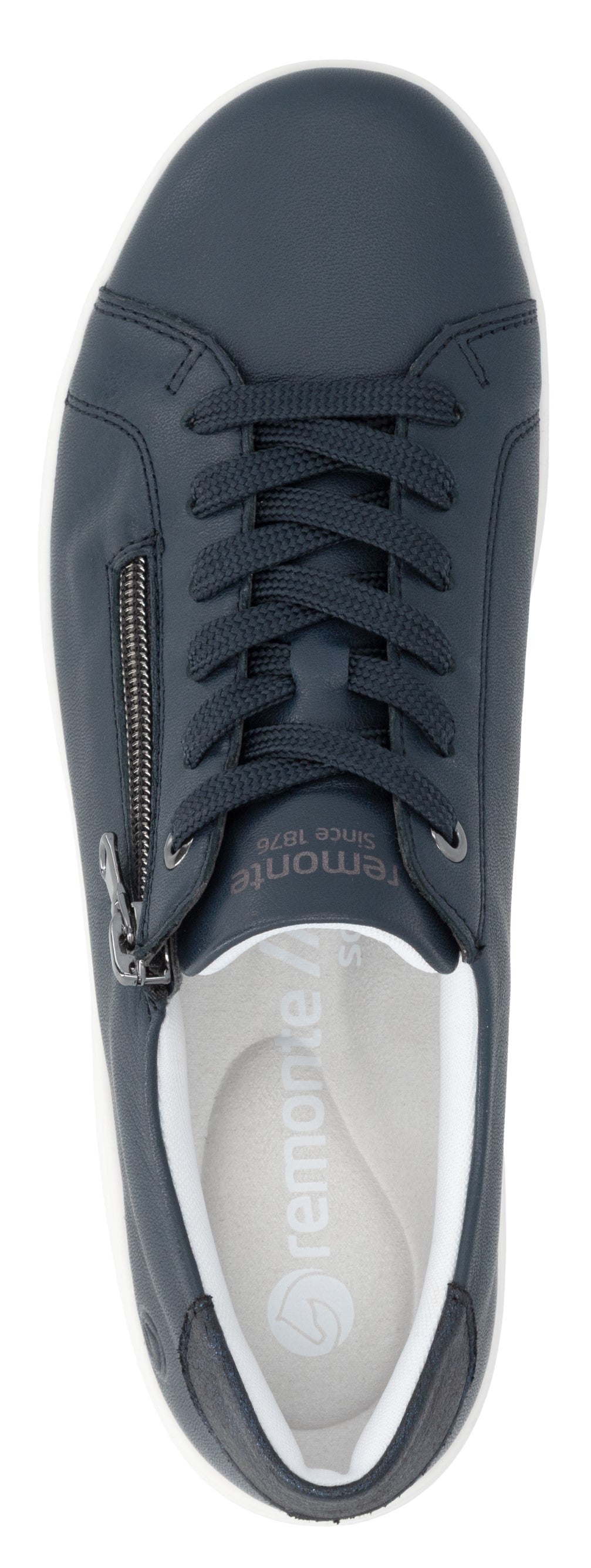 A navy blue lace-up shoe with a zipper on the side.