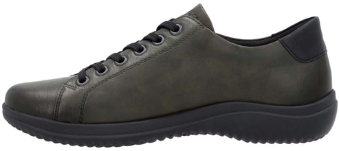 Olive-colored leather sneaker with black laces and sole.
