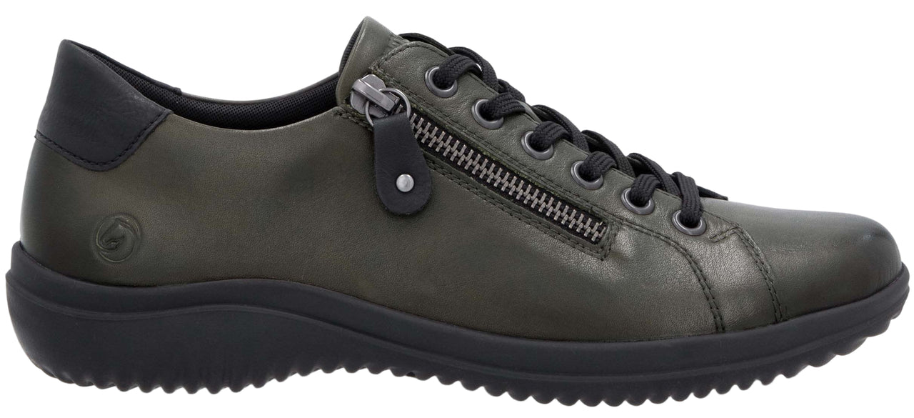 Olive green casual shoe with a zipper on the side and black laces.