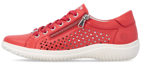 Red sneaker with a zipper and patterned holes along the side.