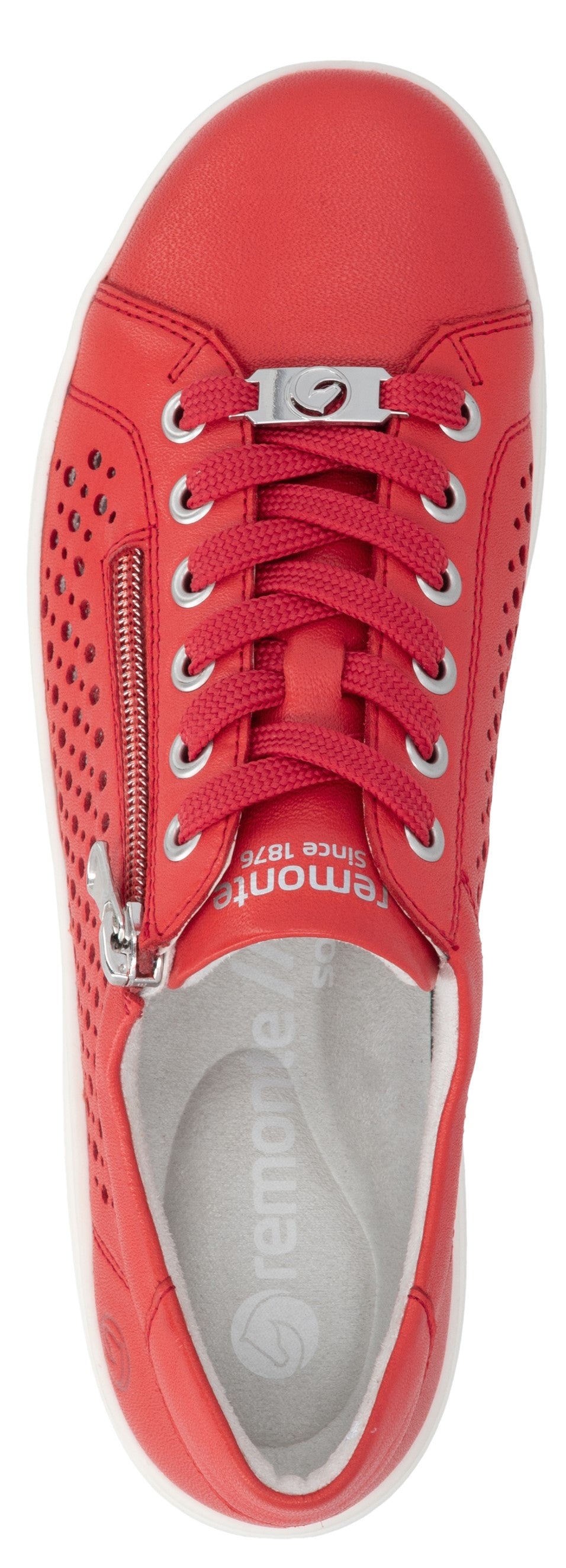 A red shoe with laces and a zipper on the side.
