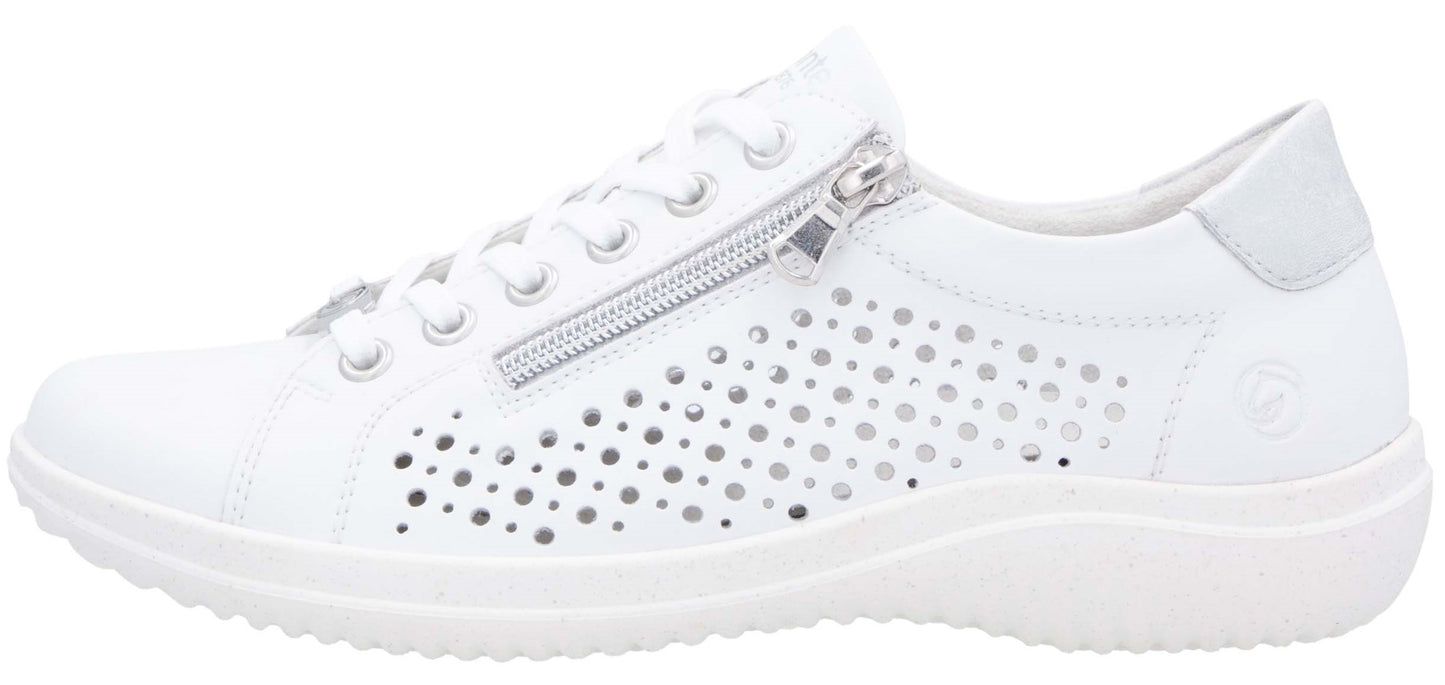 White perforated sneaker with laces and zipper.