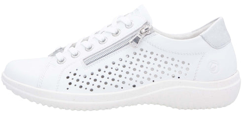 White perforated sneaker with laces and zipper.