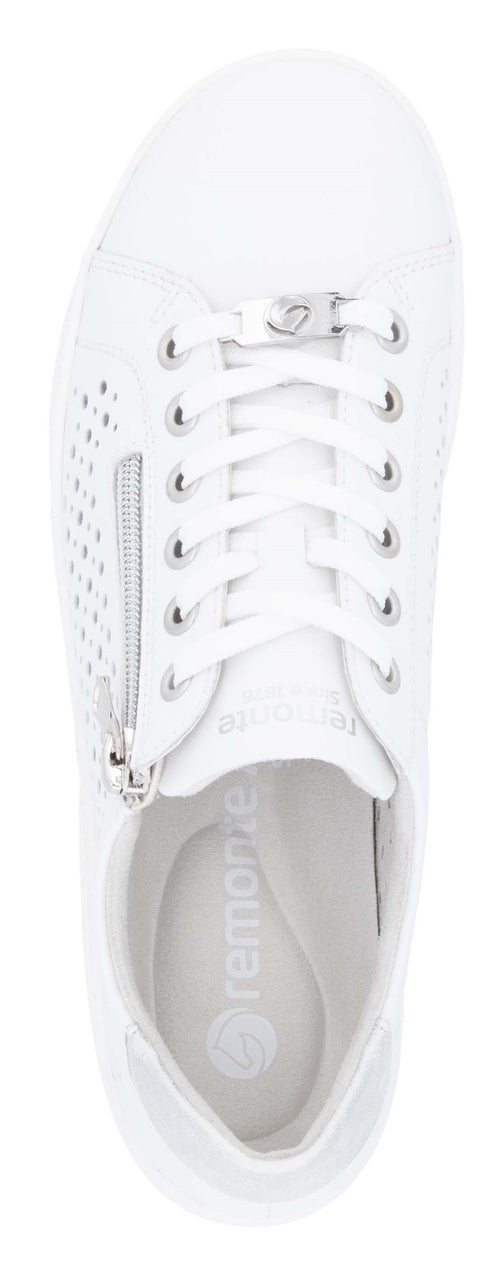 A white sneaker with laces and a zipper on the side.