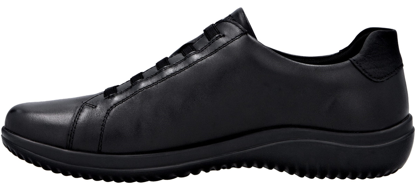 A side view of a black leather sneaker.