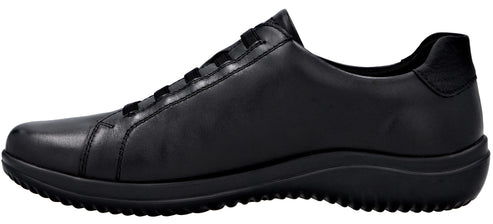 A side view of a black leather sneaker.