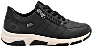 Black sneaker with side zipper and white sole.