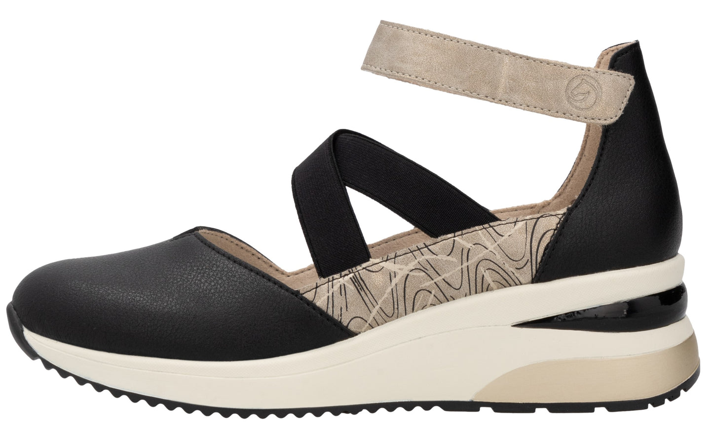Black Mary Jane wedge shoe with elastic band and ankle strap.