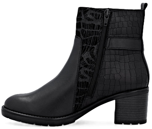 Black block heel ankle boot with decorative buckle and reptile embossed panel.
