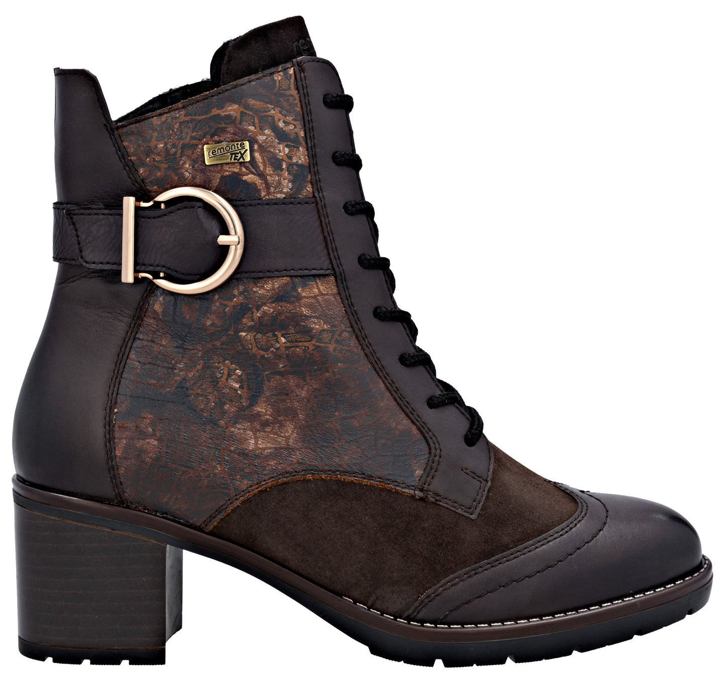 Dark brown leather and suede heeled boot with gold buckle and lace-up closure.