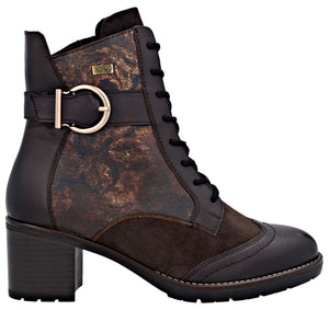 Dark brown leather and suede heeled boot with gold buckle and lace-up closure.
