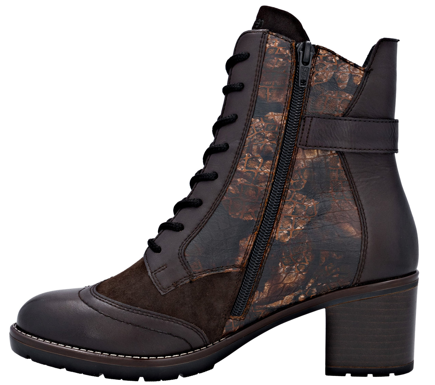 Brown lace-up ankle boot with a side zipper and a block heel.