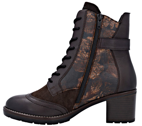 Brown lace-up ankle boot with a side zipper and a block heel.