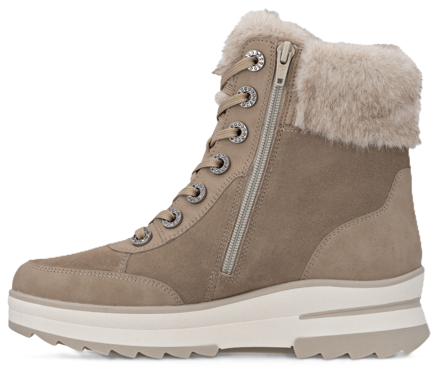 Beige suede lace-up boot with faux fur trim and side zipper on a thick white sole.
