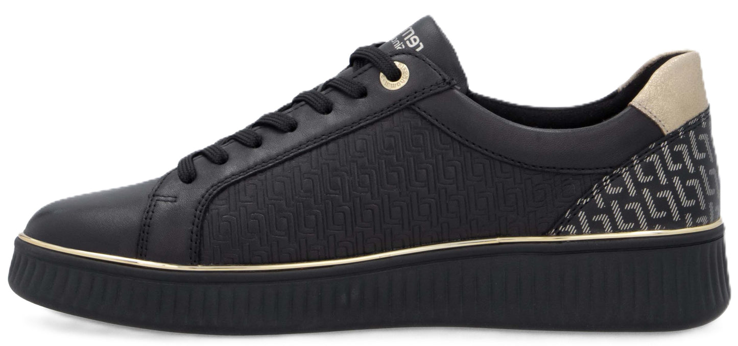 A black casual sneaker with black laces and gold accents.