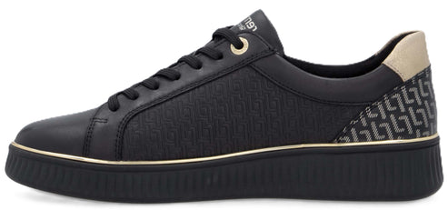 A black casual sneaker with black laces and gold accents.