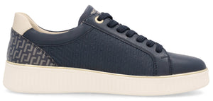 A low-top sneaker with navy blue leather and geometric pattern on the heel.