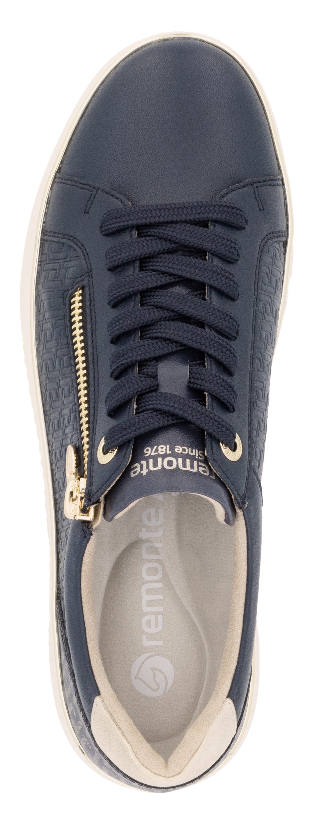 A close-up of a blue sneaker with laces and a zipper on the side.