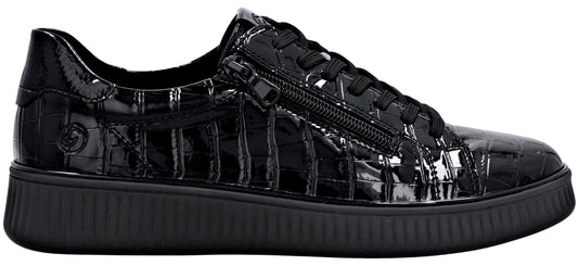 A black sneaker made of patent leather with a textured, crocodile-skin pattern, featuring black laces and a functional side zipper, set upon a solid black ridged rubber sole.