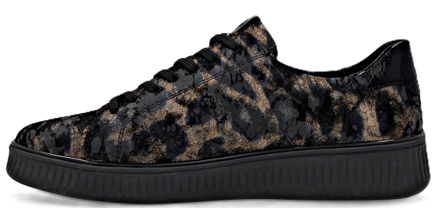 A leopard print sneaker with black laces and a black sole.